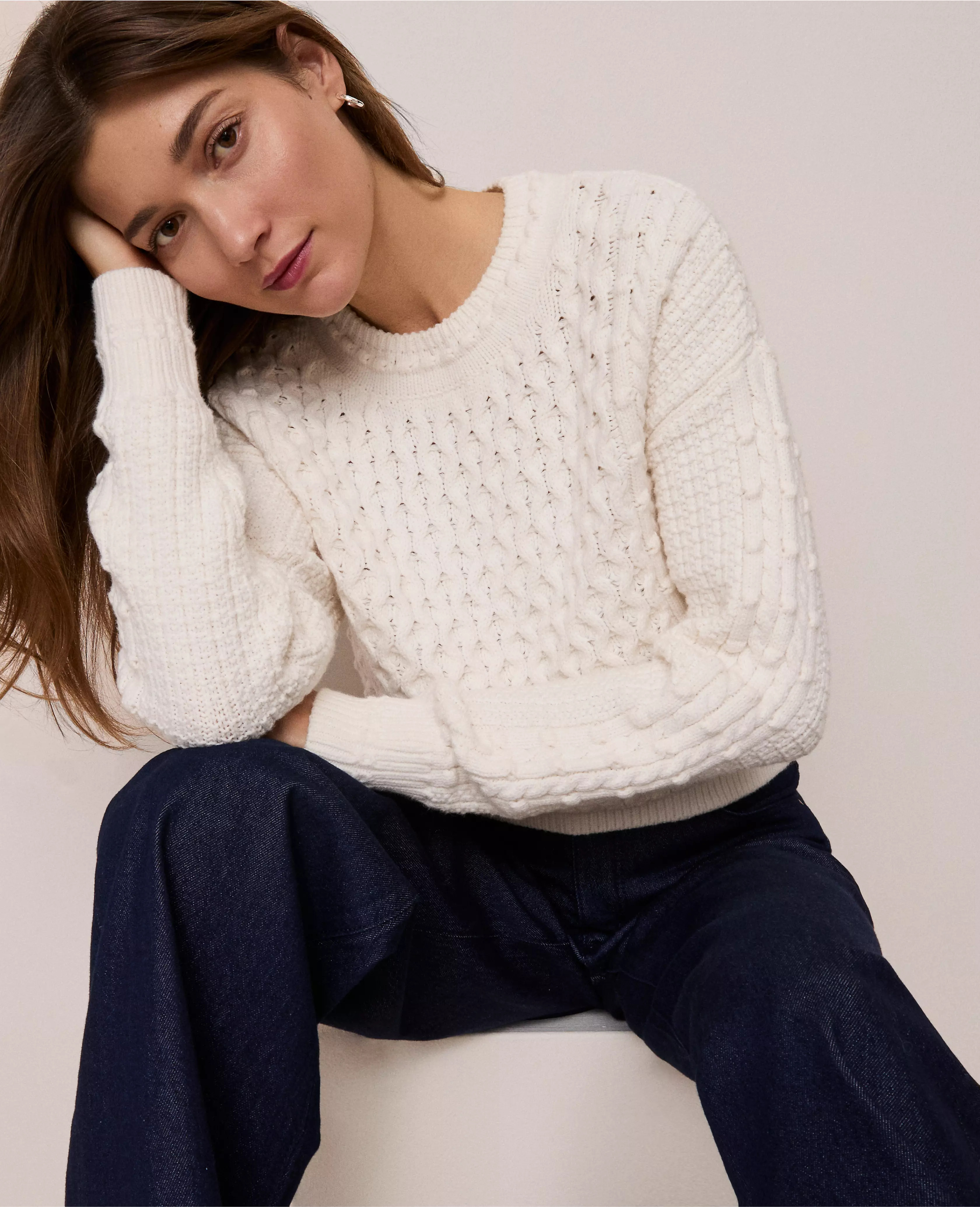 Weekend Collection Popcorn-Stitch Cable Sweater | Ann Taylor