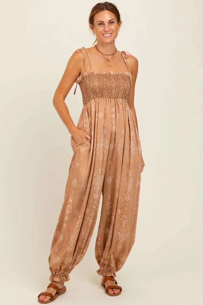 Camel Printed Smocked Shoulder Tie Jumpsuit | PinkBlush Maternity