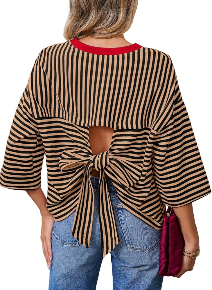 Dokotoo Womens Tops 2026 Striped Tie Back Short Sleeve T Shirts Crewneck Casual Loose Basic Tee S... | Amazon (US)