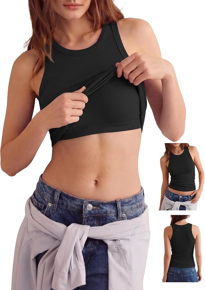 Women's Racerback Crew Neck Tank Tops with Built in Bra Ribbed Slim Fitted Camisole Basic Tee Sum... | Amazon (US)