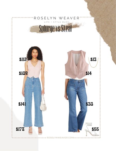 Splurge vs steal - look for less 

Revolve outfit for less

Pink vest, flare jeans, white sandals, gold rope necklace 

#LTKfindsunder100 #LTKsalealert #LTKfindsunder50