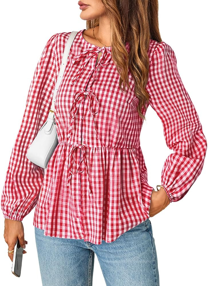 MEROKEETY Women's 2024 Tie Front Plaid Blouse Shirt Cute Puff Long Sleeve Crewneck Button Y2K Ruf... | Amazon (US)