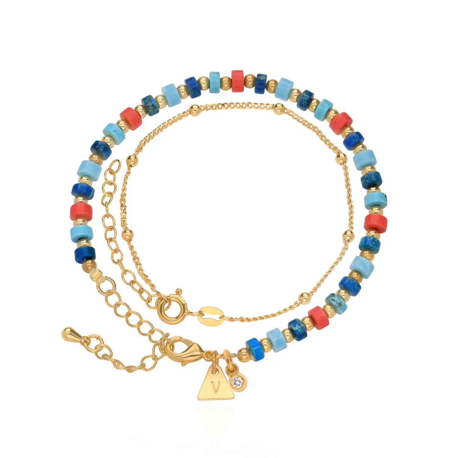 Pacific Layered Beads Bracelet/Anklet with Initials and 0.05CT Diamond in Gold Plating | MYKA