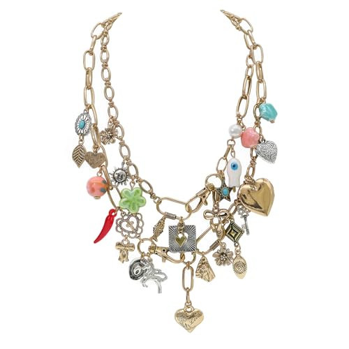 JNF Chunky Layered Charm Necklace for Women Boho Heart Sun Flower Key Coins Charms Necklaces Silver Paperclip Link Chain Necklace Y2K Statement Jewelry (vintage necklace) | Amazon (US)