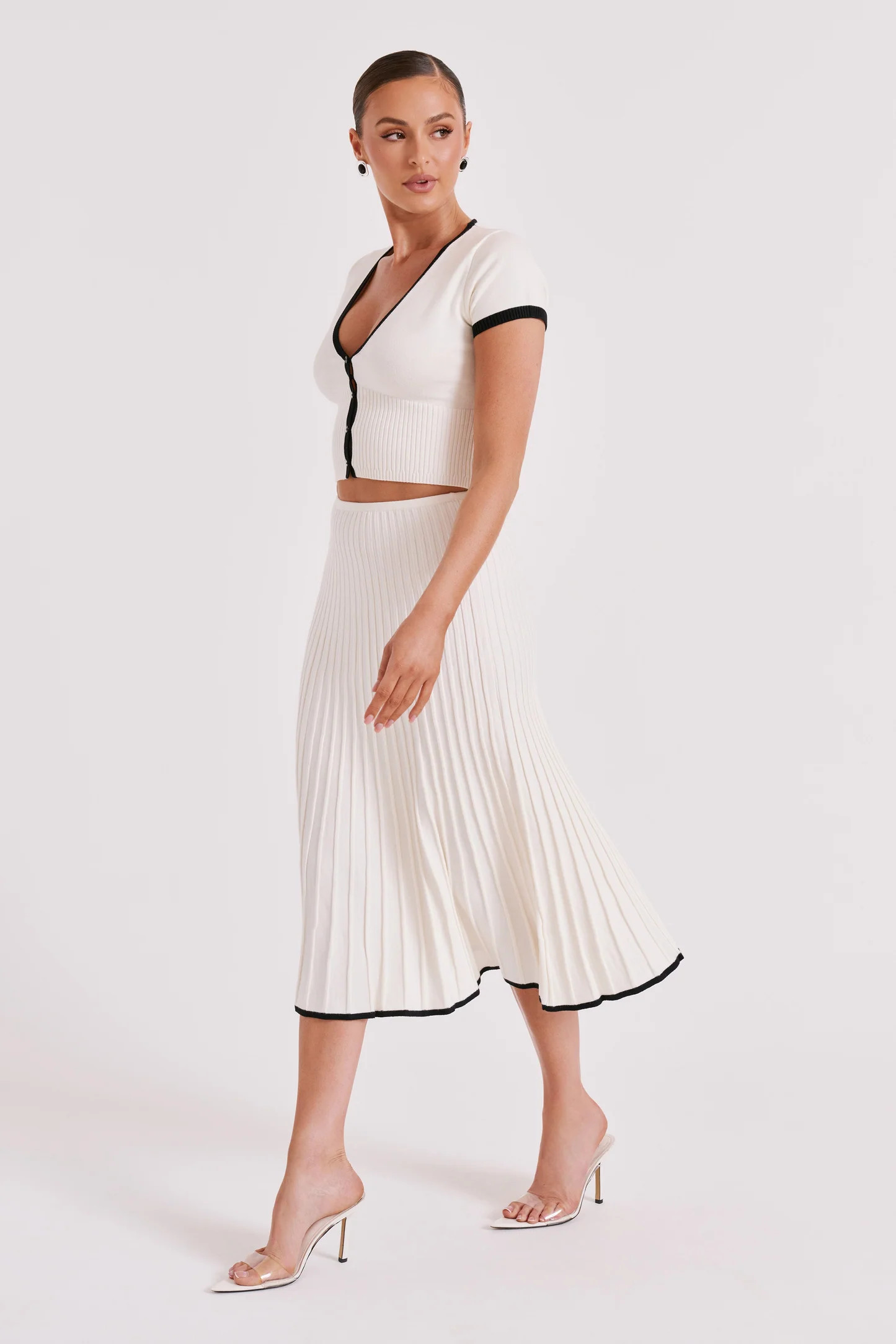 Jolene Contrast Rib Knit Midi Skirt - White | MESHKI US