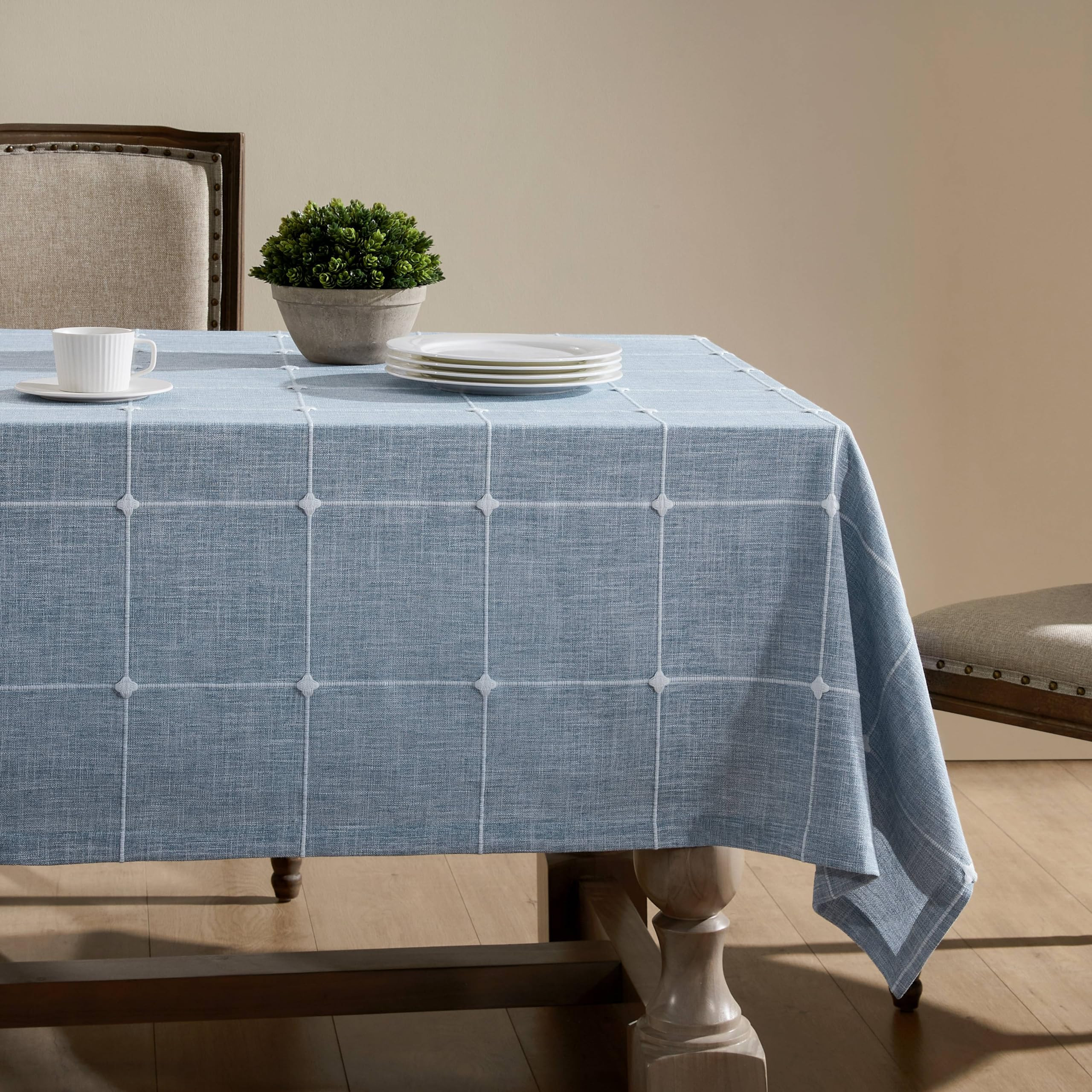 ZeeMart Grid Embroidered Hemmed Tablecloths, Blue 60x120 Inch, Farmhouse Style Heavy Weight Cotto... | Amazon (US)