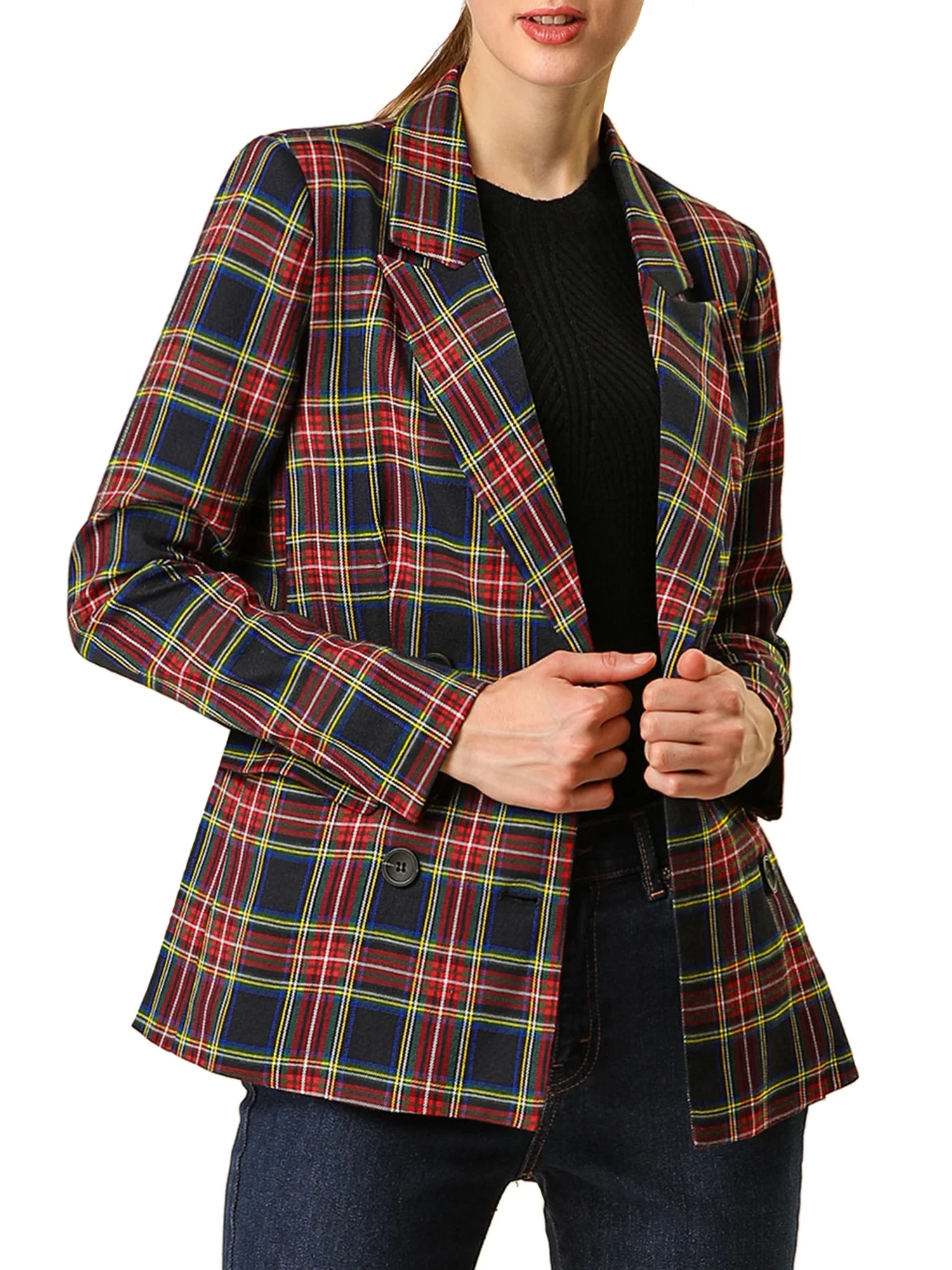 DARING DIVA Women's Plaid Notched Lapel Blazer Jacket M Dark Blue | Walmart (US)