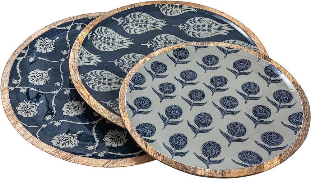 Creative Co-Op Enameled Mango Wood Trays with Floral Pattern, Blue, Set of 3 | Amazon (US)