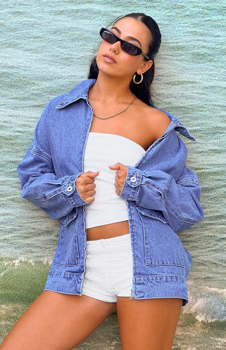 Abigail Mid Wash Denim Bomber Jacket | Beginning Boutique (US)