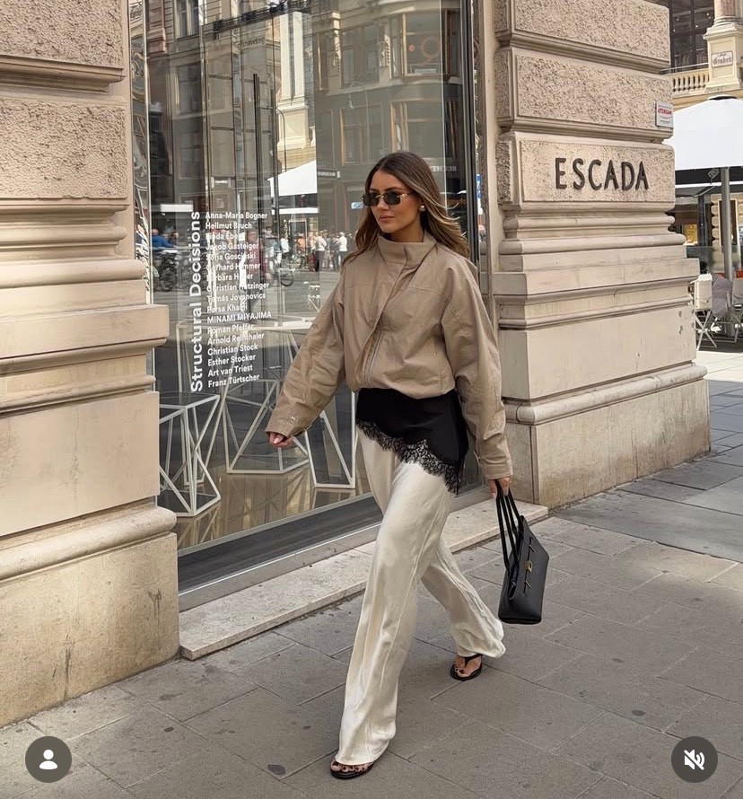 Beige bomber
Black satin lace top
White satin pats 

#LTKBeauty #LTKPetite #LTKootd
