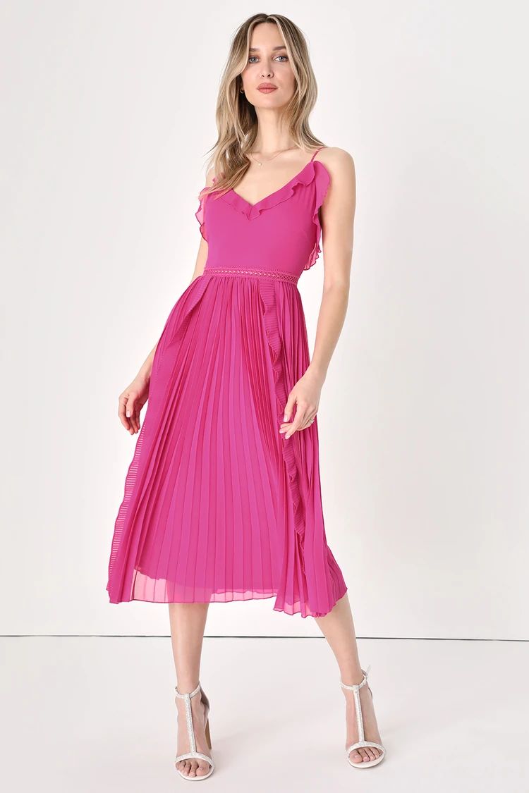 Never a Dull Moment Magenta Pink Tie-Strap Pleated Midi Dress | Lulus (US)