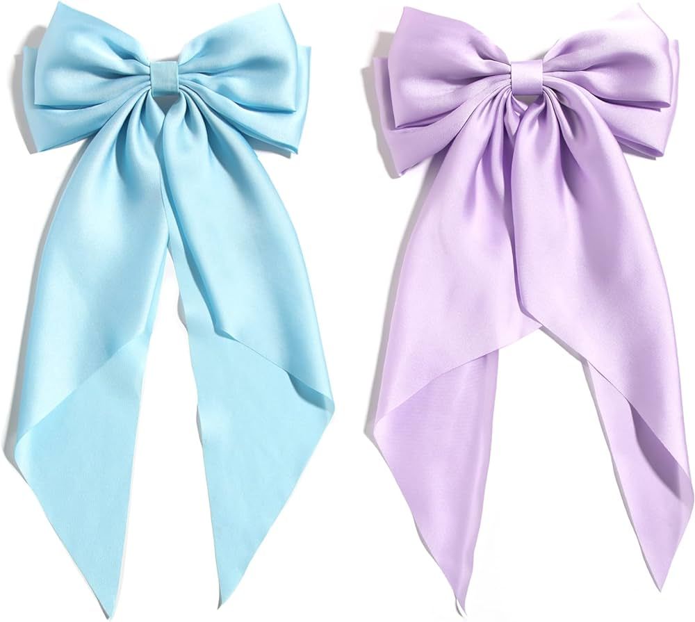 Blue Hair Bow Clips for Women Lilac Big Bows Metal Clips French Barrette with Long Tail Satin Rib... | Amazon (US)