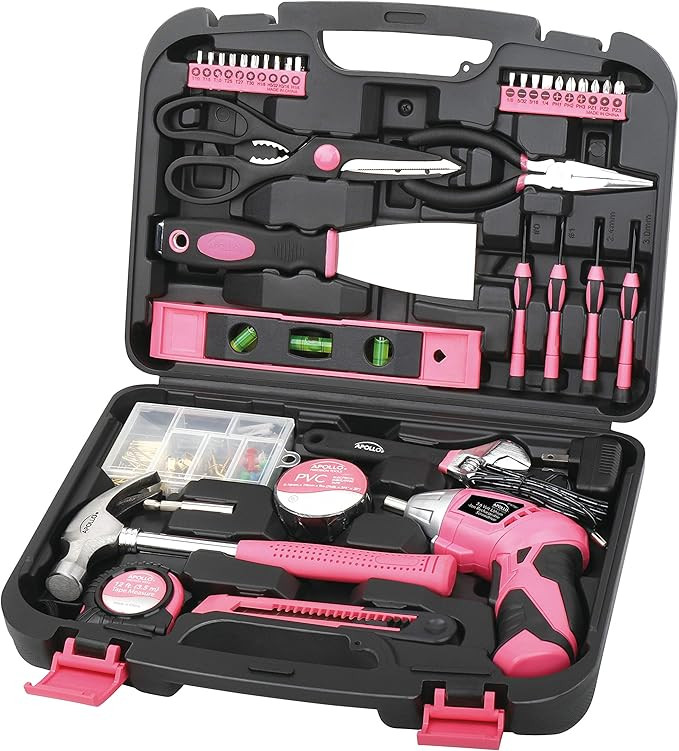 Apollo Tools 135 Piece Household Pink Hand Tools Set with Pivoting Dual-Angle 3.6 V Lithium-Ion C... | Amazon (US)
