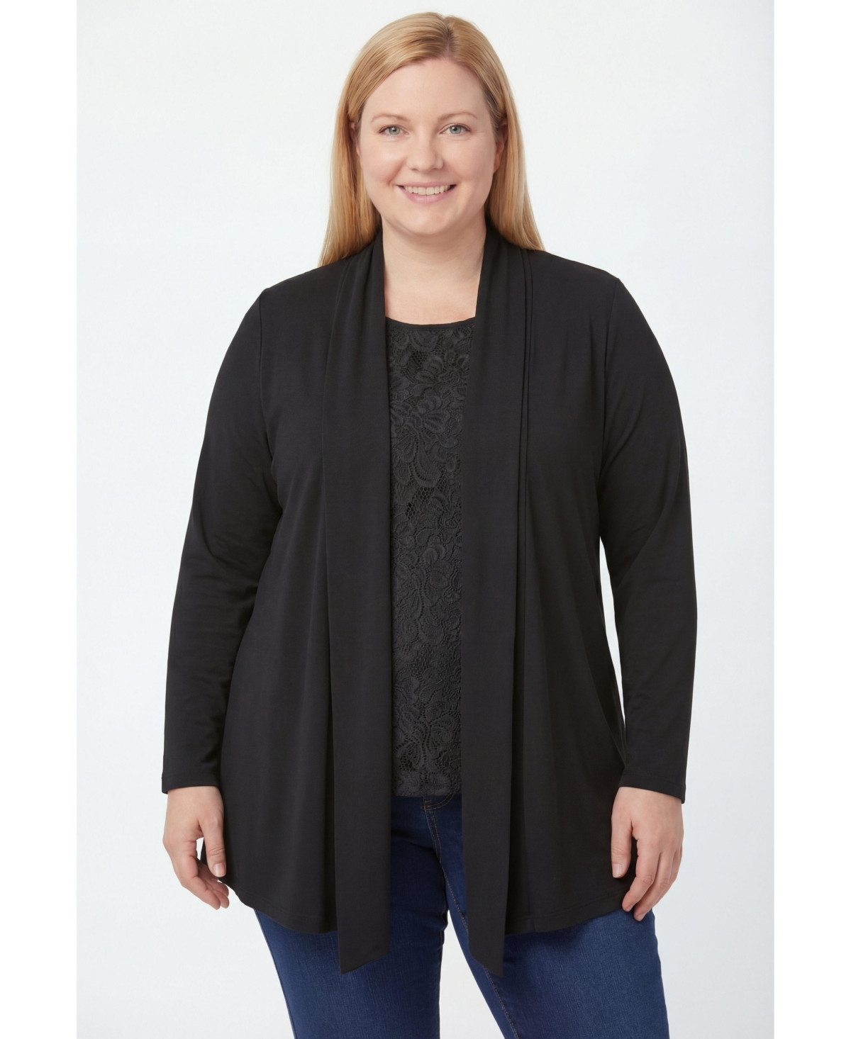 Woman Within Plus Size Within 2-Fer Cardigan & Attached Lace Tunic - Black | Macy's