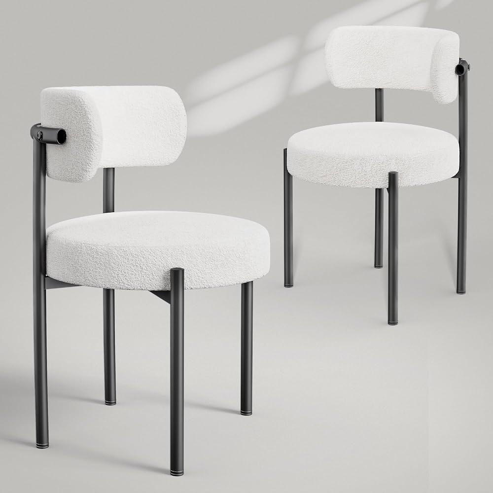 Boucle Dining Chairs Set of 2, White Mid Century Morden Dining Chairs with Curved Backrest, Round... | Amazon (US)