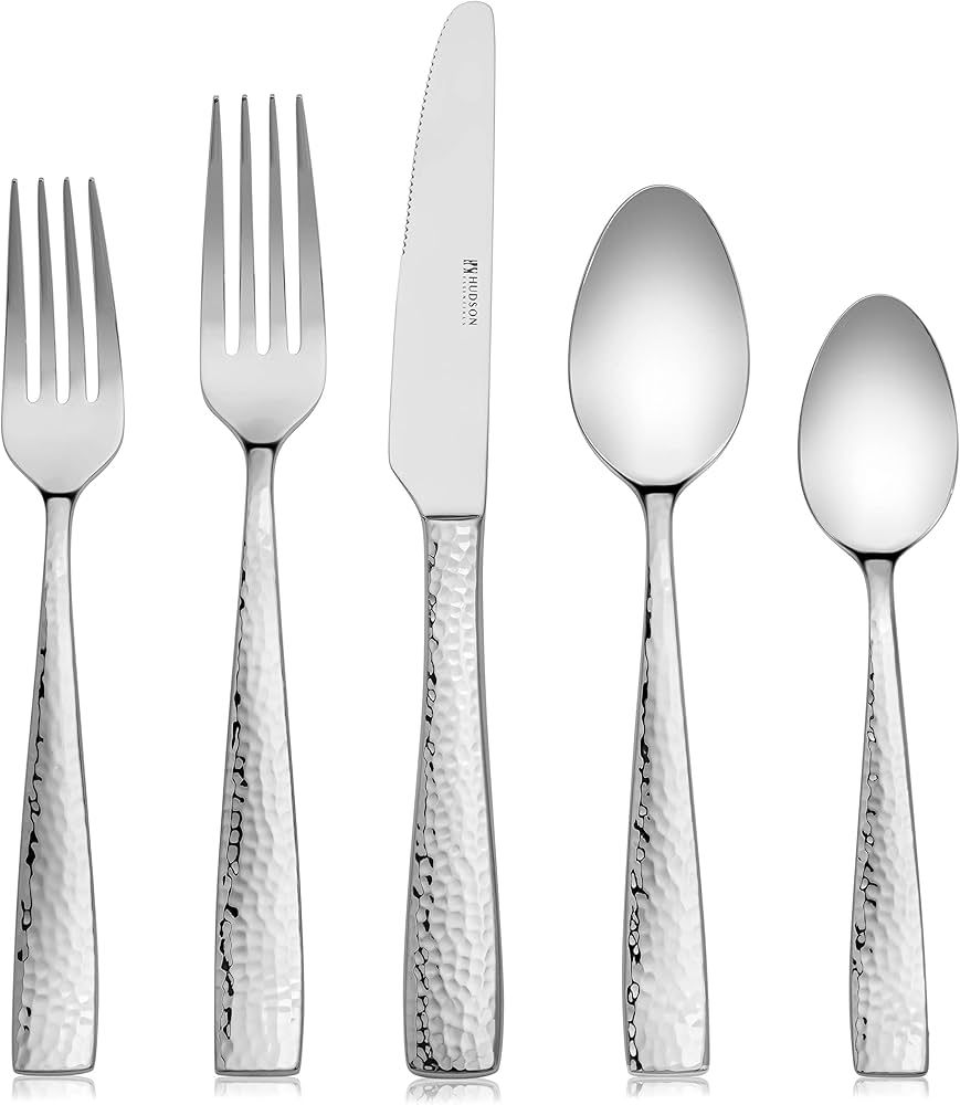 Hudson Essentials 40-Piece Hammered 18/10 Stainless Steel Silverware Cutlery Set, Flatware Servic... | Amazon (US)