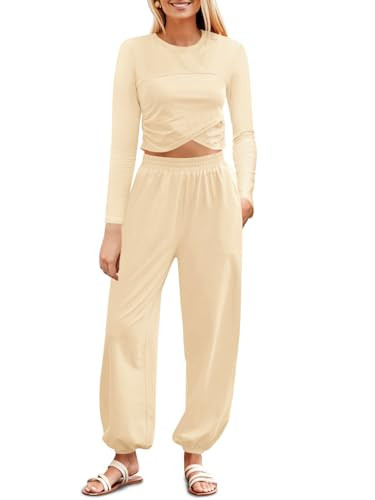Fisoew Women's 2 Piece Lounge Sets Casual Long Sleeve Crossover Crop Tops Jogger Pants Tracksuits... | Amazon (US)