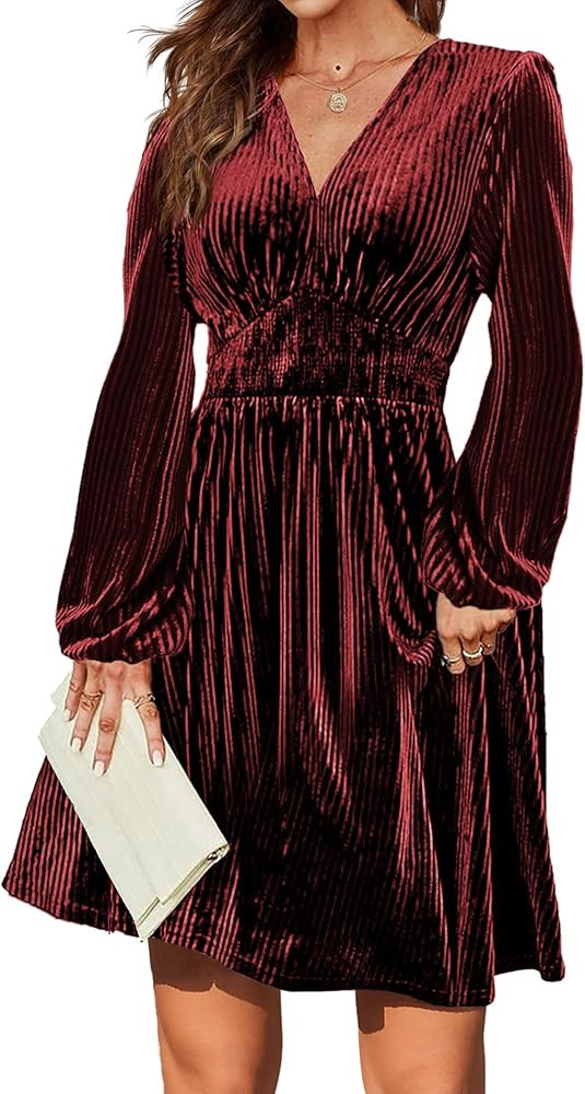 Zeagoo Womens Velvet Dress Sexy V-Neck Long Sleeve Stretch Mini Party Cocktail Flared Dress | Amazon (US)