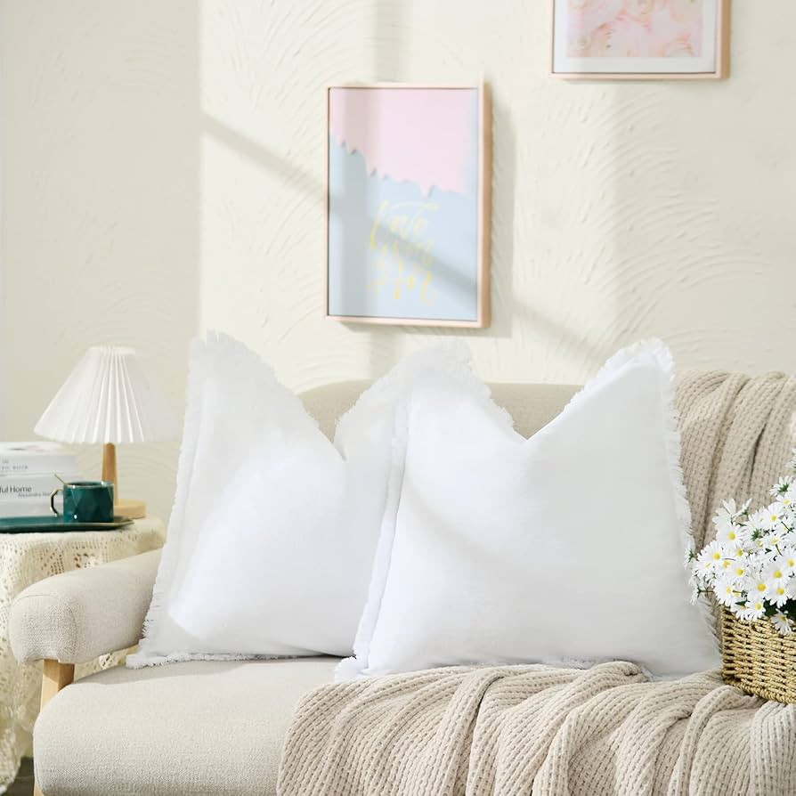 ZWJD Pillow Covers 24x24 Set of 2 White Throw Pillow Covers with Fringe Chic Cotton Decorative Pi... | Amazon (US)