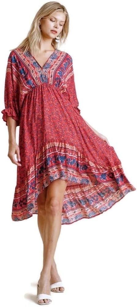 Umgee Women's Mixed Print High Low Midi Dress, Red | Amazon (US)