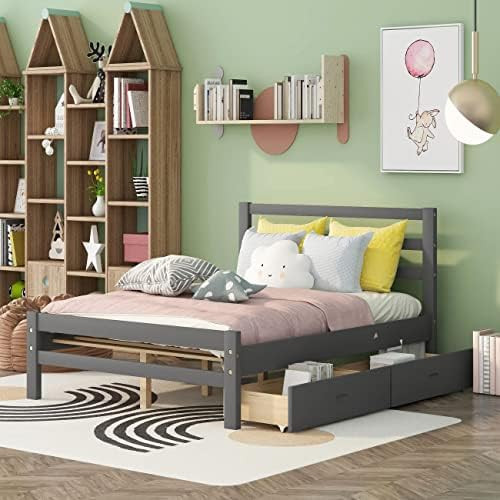 Full Bed Frame with Drawers, Kids Platform Full Bed with Storage, Solid Wood, No Box Spring Needed ( | Amazon (US)