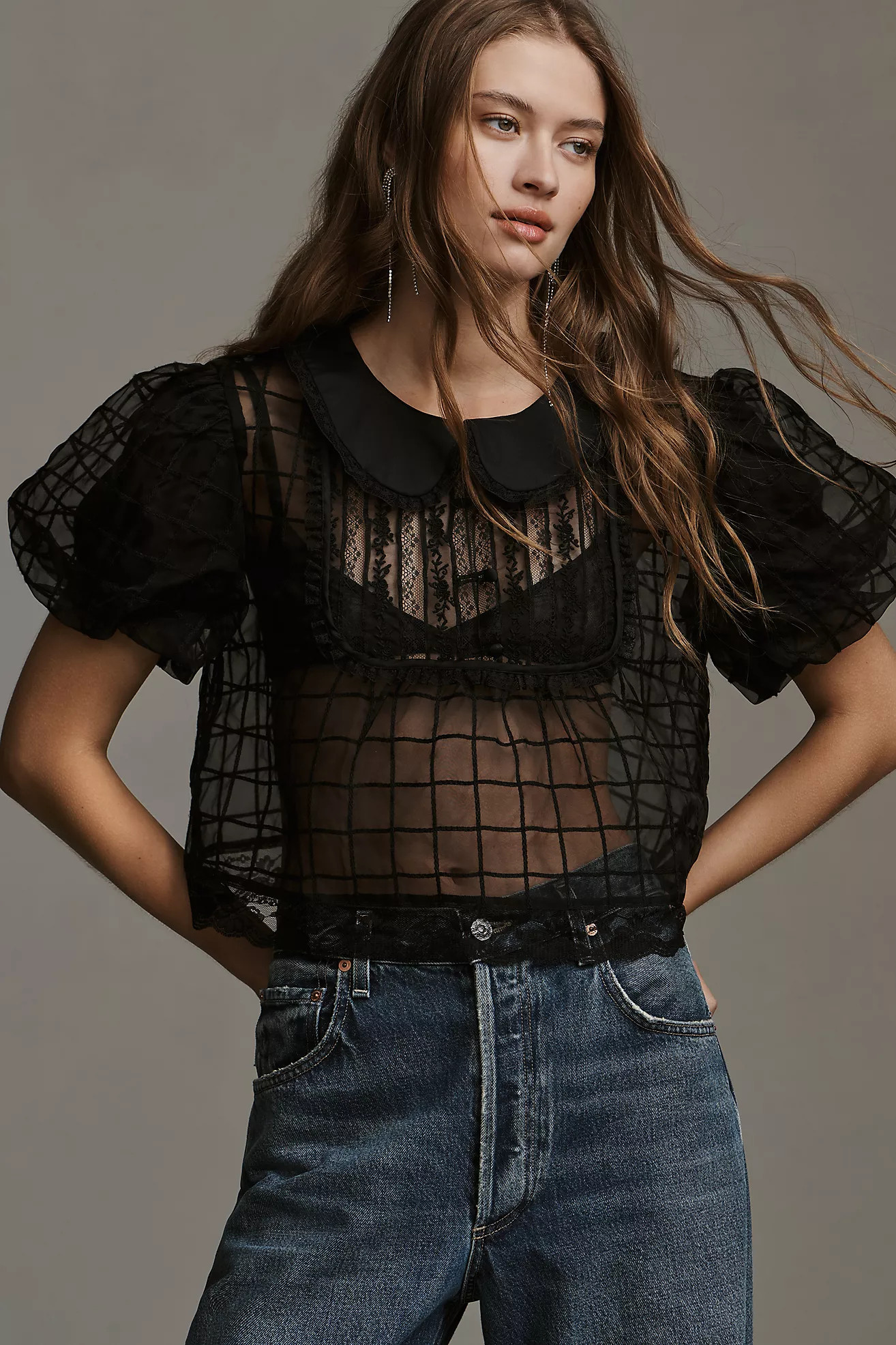 By Anthropologie Short-Sleeve Sheer Peter Pan-Collared Blouse | Anthropologie (US)