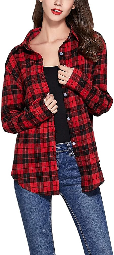 GUANYY Women's Long Sleeve Casual Loose Classic Plaid Button Down Shirt | Amazon (US)