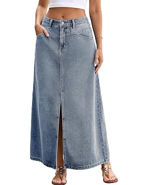 Glamaker Women Denim Long A line Slit Skirts Stretch High Waisted Trendy Casual Maxi Jean Skirt w... | Amazon (US)