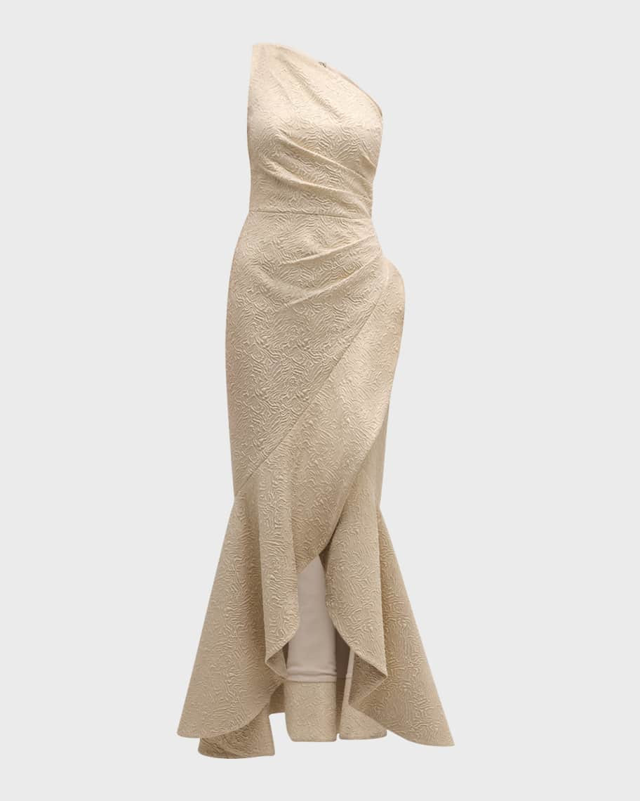 Pleated One-Shoulder Jacquard Mermaid Gown | Neiman Marcus
