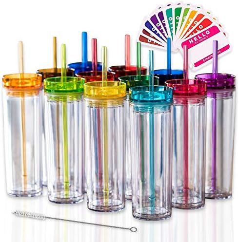SKINNY TUMBLERS 12 Colored Acrylic Tumblers with Lids and Straws | Skinny, 16oz Double Wall Clear... | Amazon (US)