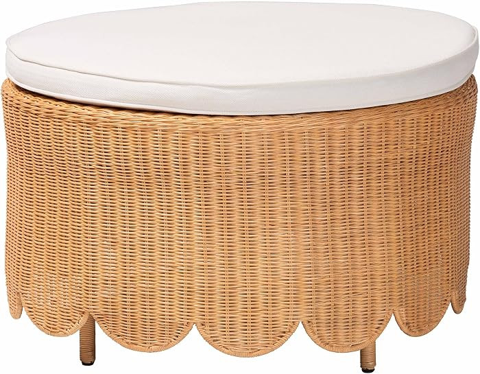 Bali & pari Teresa Bohemian Light Honey Scalloped Rattan Ottoman with Removable Fabric Cushion | Amazon (US)