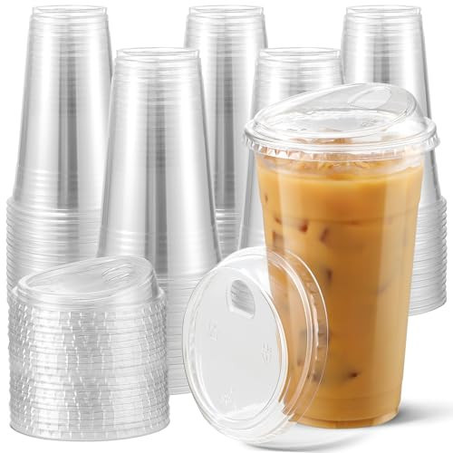 AOZITA 100 Pack 24 oz Disposable Plastic Cups With Strawless Sip-Lids, Clear Plastic Iced Coffee Cups Go for Drinks, Bubble Tea, Cold Beverage - BPA Free | Amazon (US)