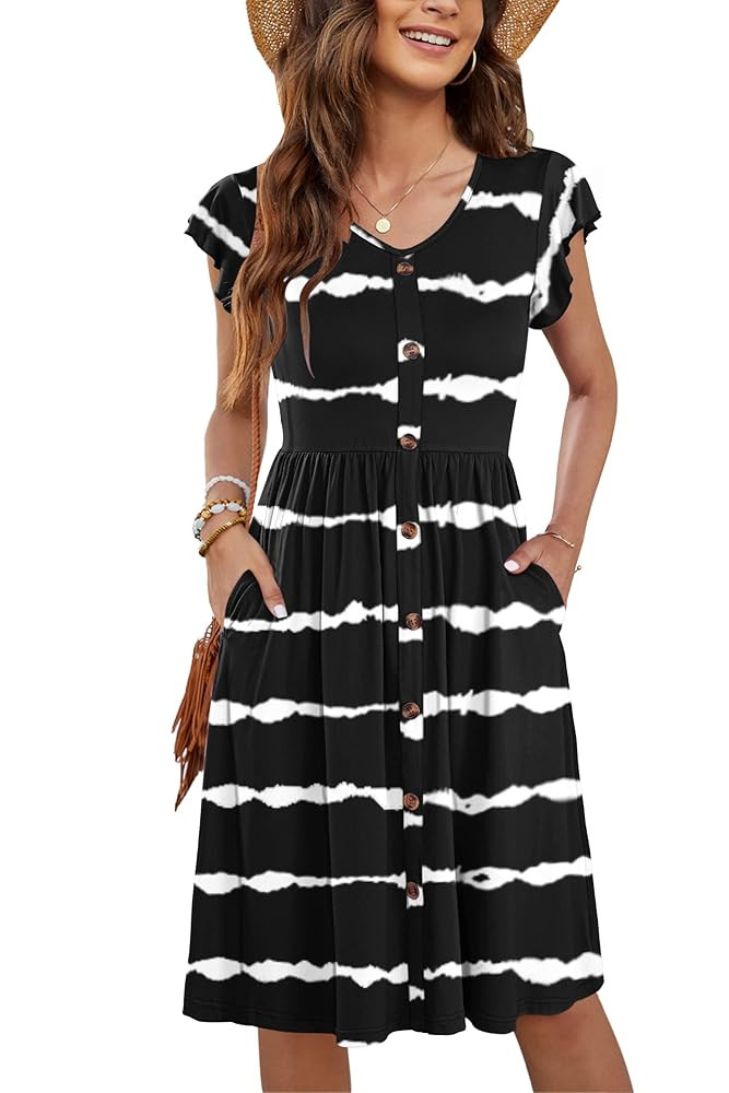 WNEEDU Women Summer Dresses Sleeveless Casual Loose Swing Button Down Midi Dress with Pockets | Amazon (US)