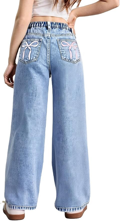 WDIRARA Girl's Bow Print Back Zipper Fly Elastic High Waist Denim Pants Basic Wide Leg Jeans | Amazon (US)