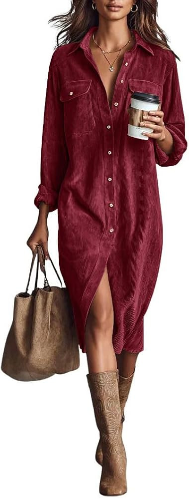chouyatou Women's Fall Corduroy Button Down Shirt Dress Casual Lapel a Line Pleated Tunic Shift M... | Amazon (US)