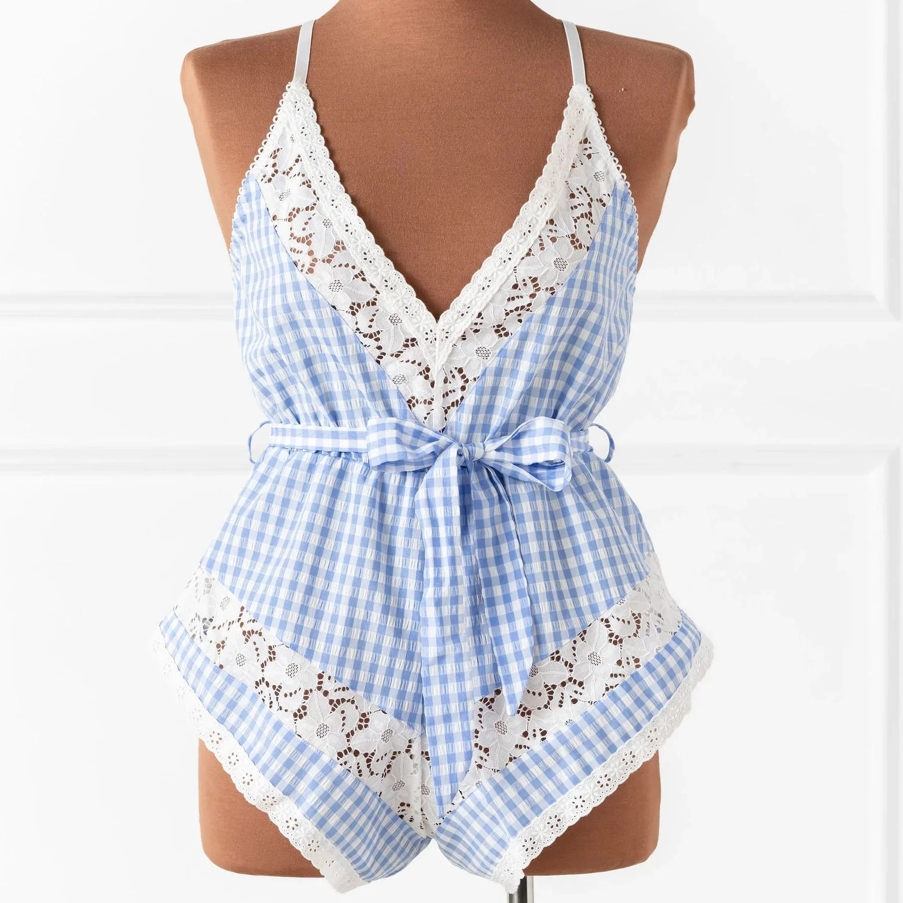 Gingham & Lace Romper - Blue | Mentionables