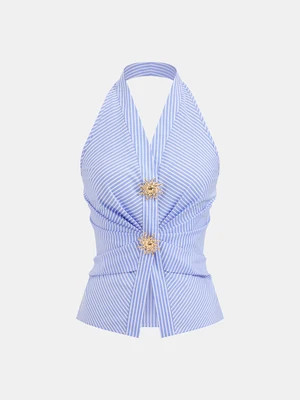 Cotton Blend Striped Halter Top | Commense