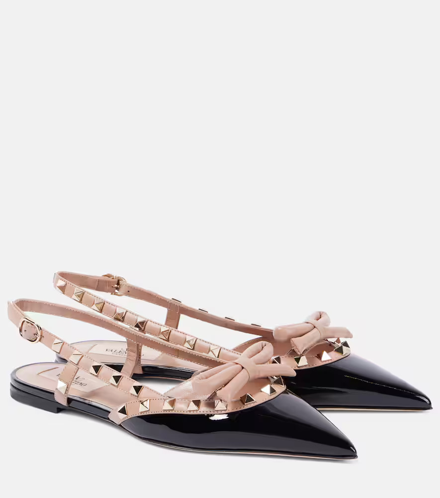 Valentino Garavani Rockstud Bow patent leather slingback flats | Mytheresa (US/CA)