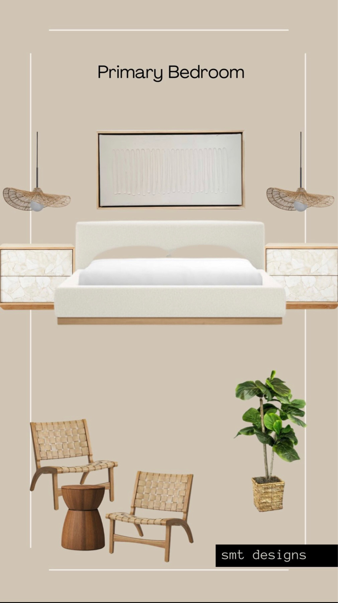 Primary bedroom design 

Low profile upholstered bed, wood and marble nightstands, woven pendants, faux tree, woven chairs, wood drum end table, textured art 

#LTKstyletip #LTKFind #LTKhome
