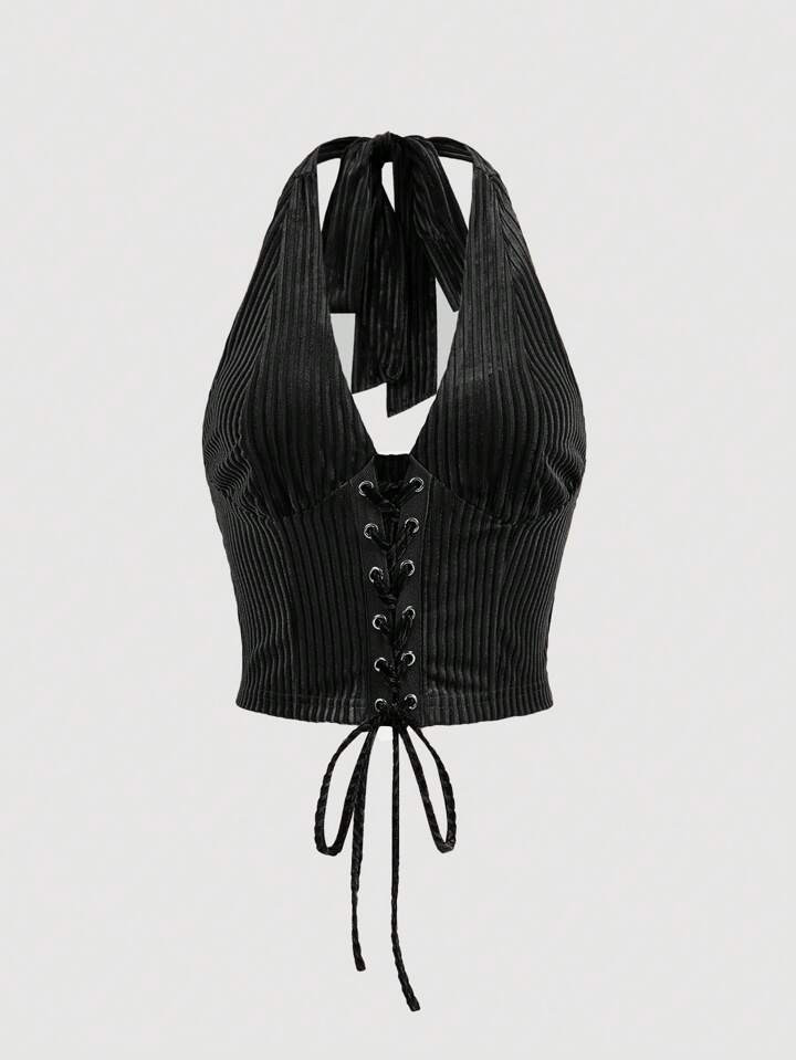 SHEIN MOD Lace Up Front Halter Top | SHEIN