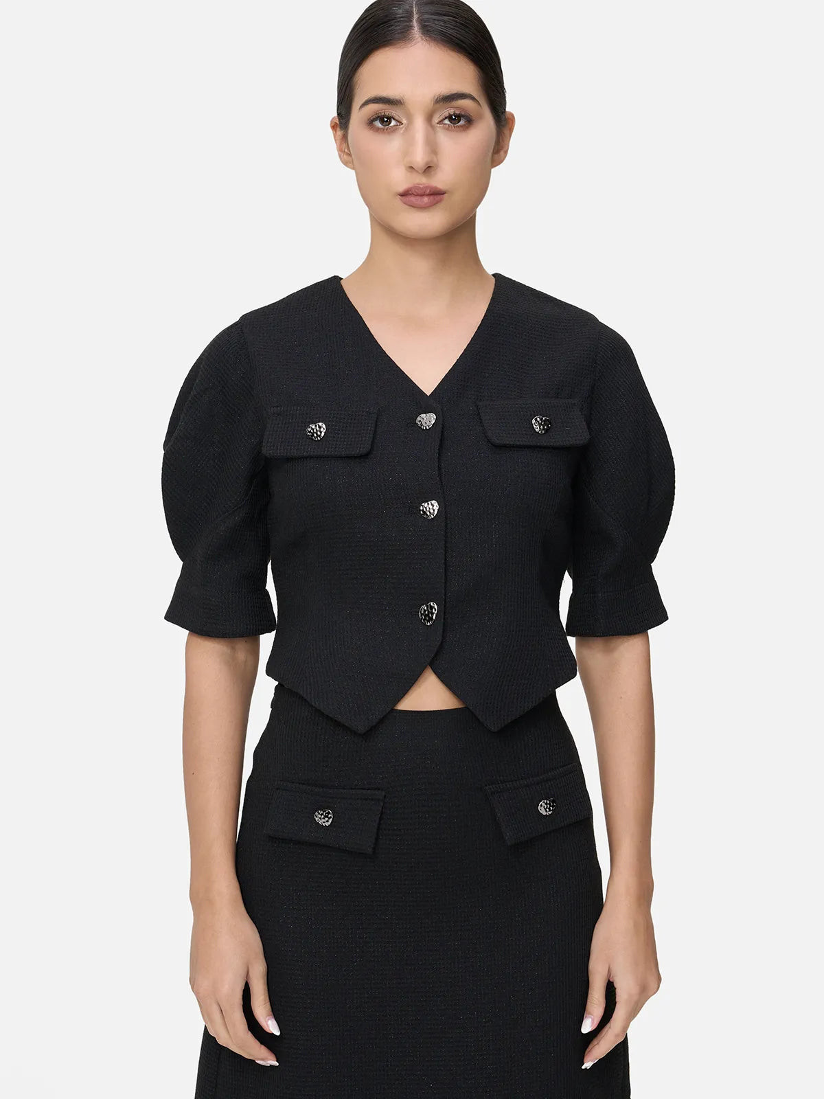 Retro V Neck Bubble Sleeve Short Jacket | SDEER