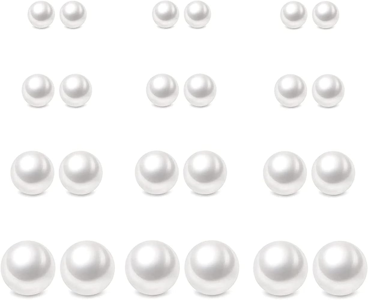 12 Pairs Pearl Studs Earrings for Women, Stainless Steel Hypoallergenic White Faux Simulated Pear... | Amazon (US)