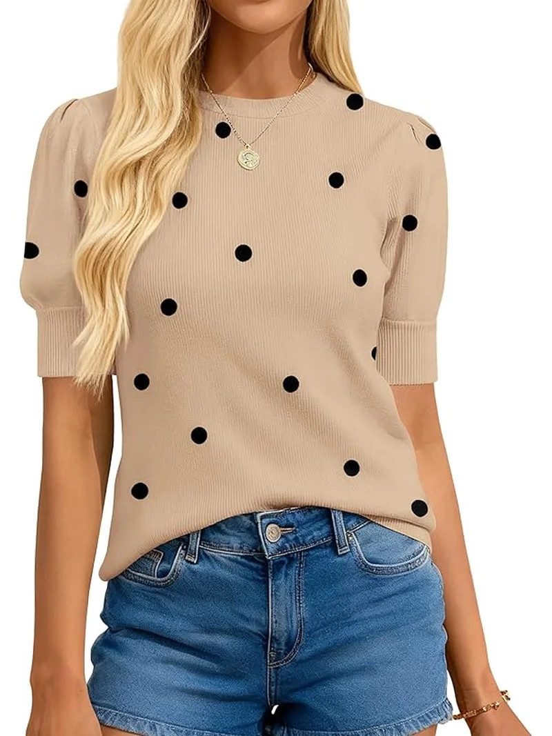 BTFBM Womens Sweaters Polka Dot Short Sleeve Sweater for Women Crew Neck Knit Summer Tops Busines... | Walmart (US)