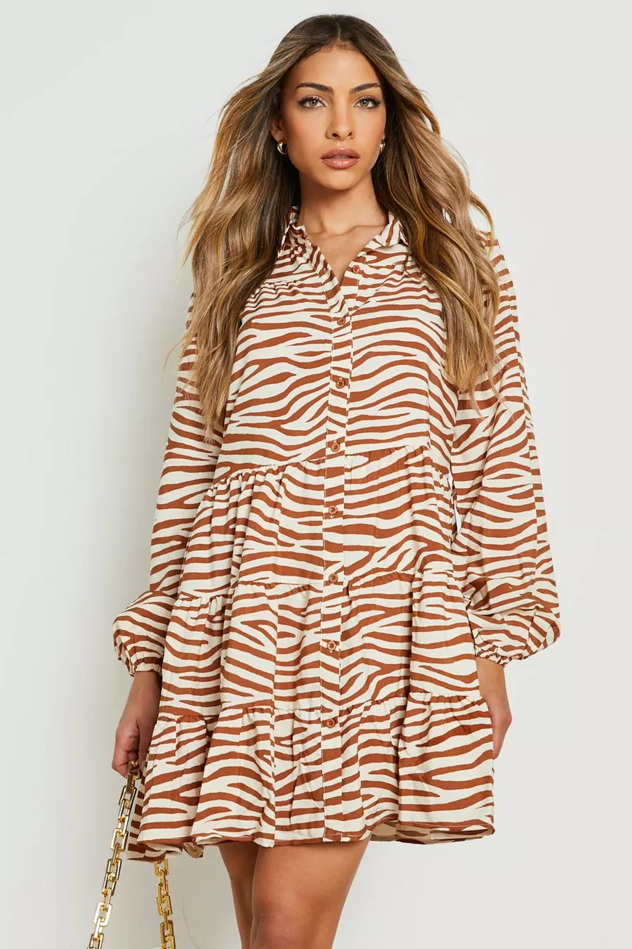 Button Front Tiered Smock Dress Zebra Print | Boohoo.com (US & CA)