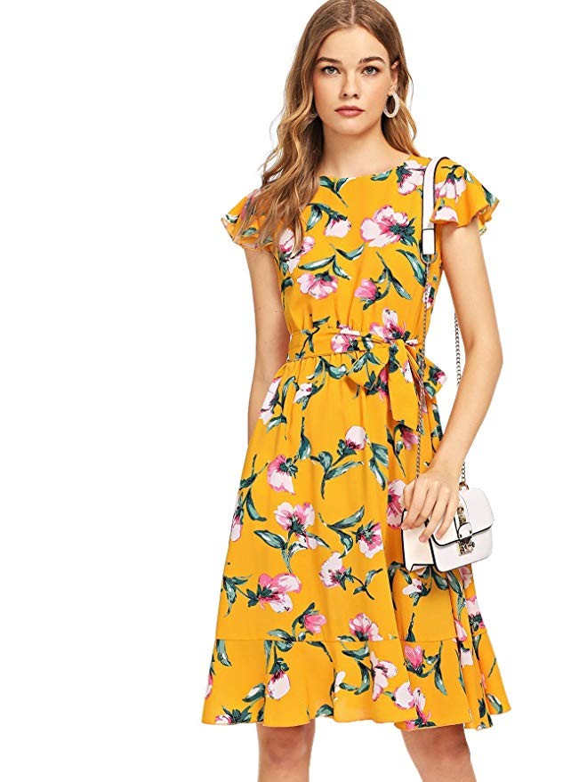 Floerns Women's Floral Print Ruffle Tie Waist Summer Chiffon Dress | Amazon (US)