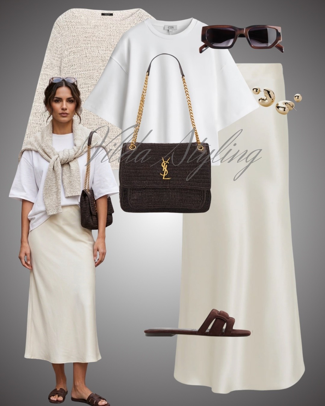 Satin skirt white t-shirt jumper Ysl raffia bag brown sa
ndals

#LTKspring #LTKuk #LTKsummer