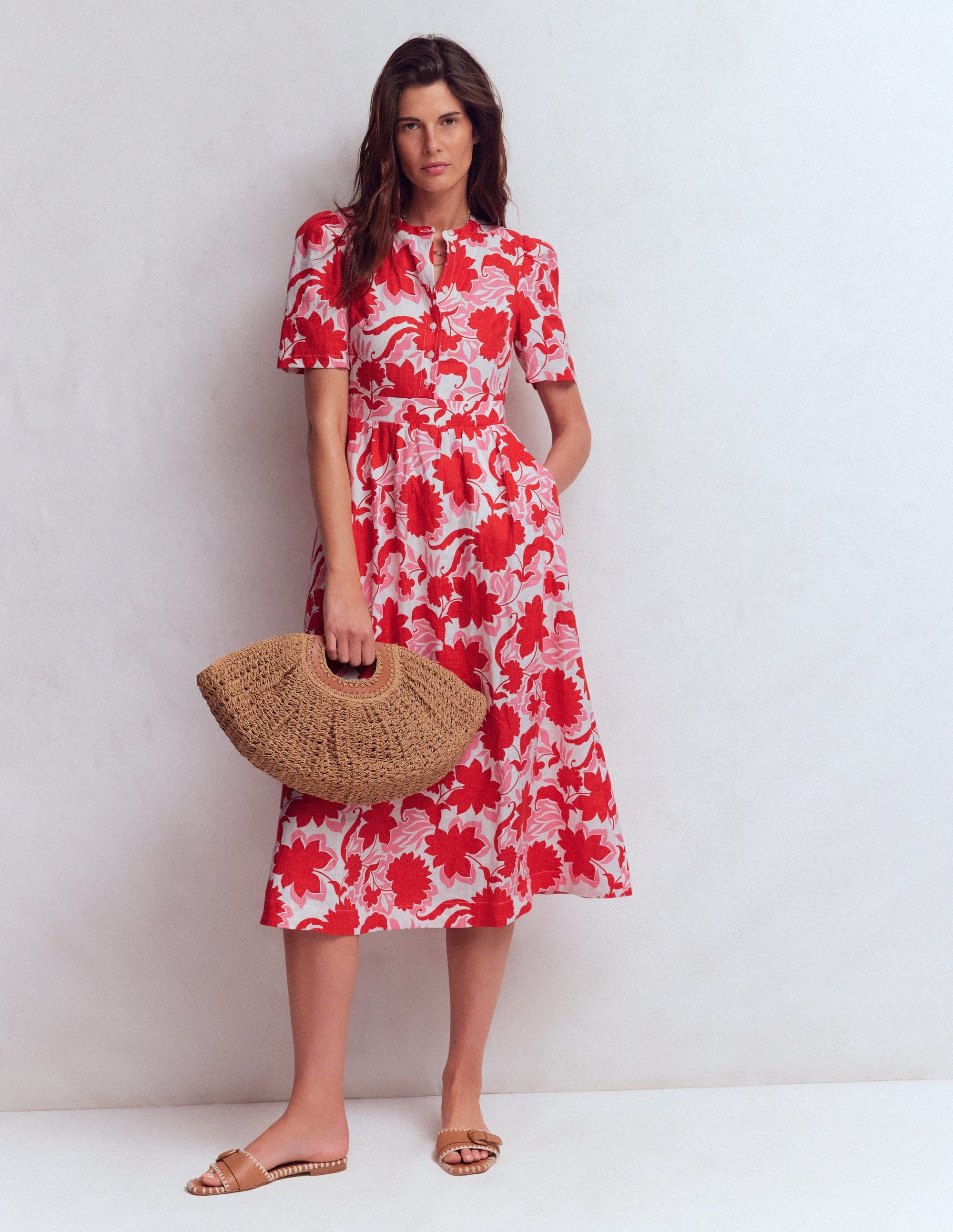 Ivy Linen Midi Dress-Red Shadow Blossom | Boden (US)