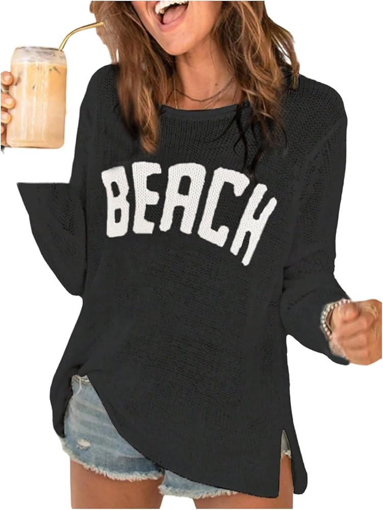 COZYEASE Women's Beach Cover Up Letter Print Long Sleeve Sweater Crew Neck Split Hem Crochet Jump... | Amazon (US)
