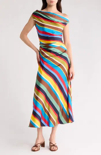 STAUD Phare One-Shoulder Stretch Silk Midi Dress in Market Stripe at Nordstrom Rack, Size 0 | Nordstrom Rack