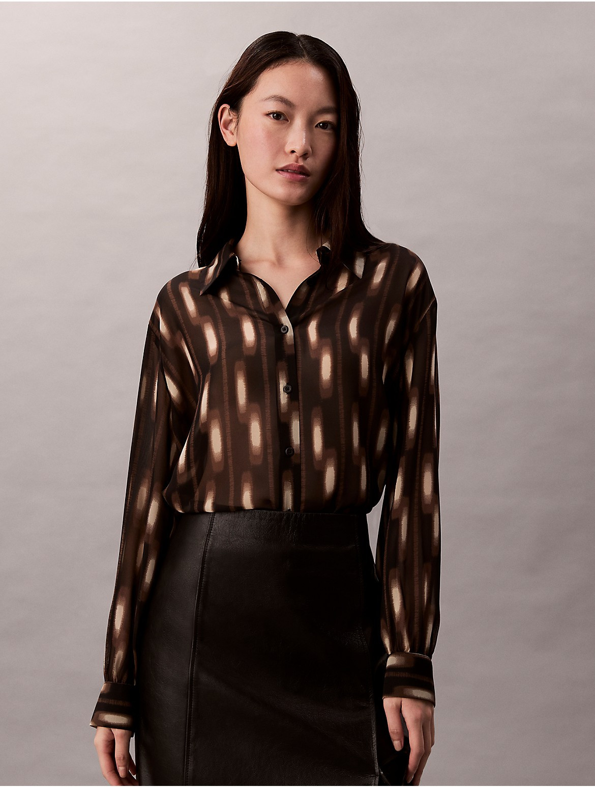 Calvin Klein Women's Chiffon Printed Classic Button-Down Shirt - Brown - XS | Calvin Klein (US)